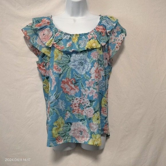LOFT Size Medium Floral Cap Sleeves Ragged Edges Ruffle Elastic Neckline Top - Picture 2 of 13